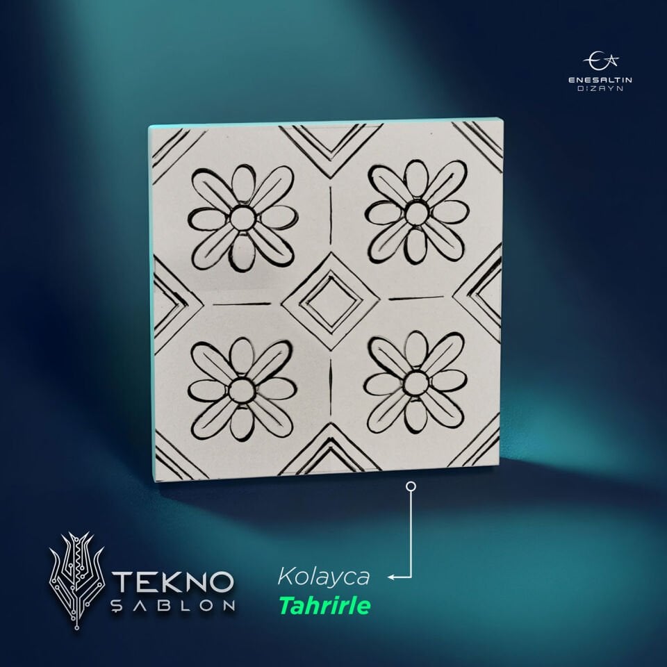 Tekno Şablon Desen 10 x 10 cm. - Sicilya Tarzı Geometrik Papatya Çini Karo Deseni
