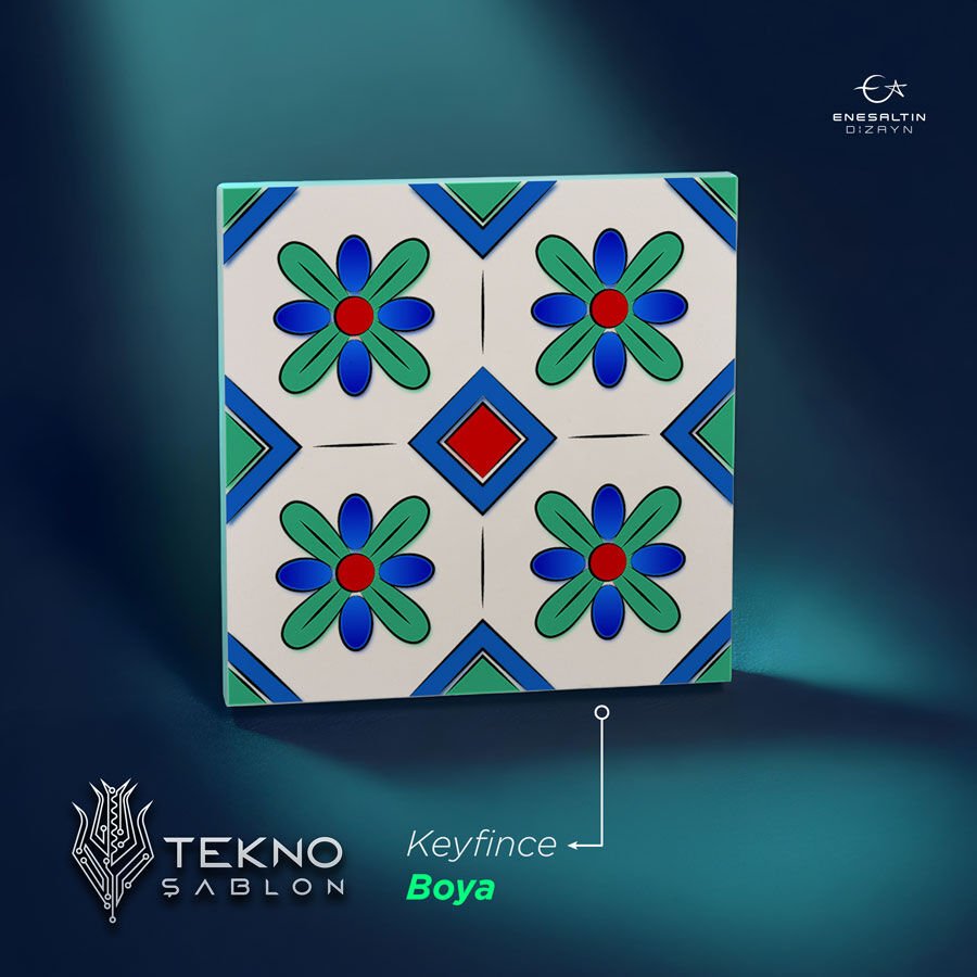 Tekno Şablon Desen 10 x 10 cm. - Sicilya Tarzı Geometrik Papatya Çini Karo Deseni