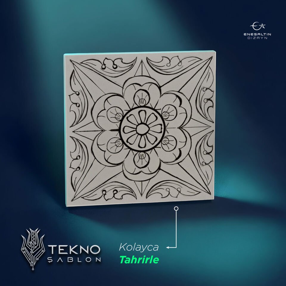 Tekno Şablon Desen 10 x 10 cm. - Sicilya Tarzı Barok Yıldız Çiçeği Çini Karo Deseni
