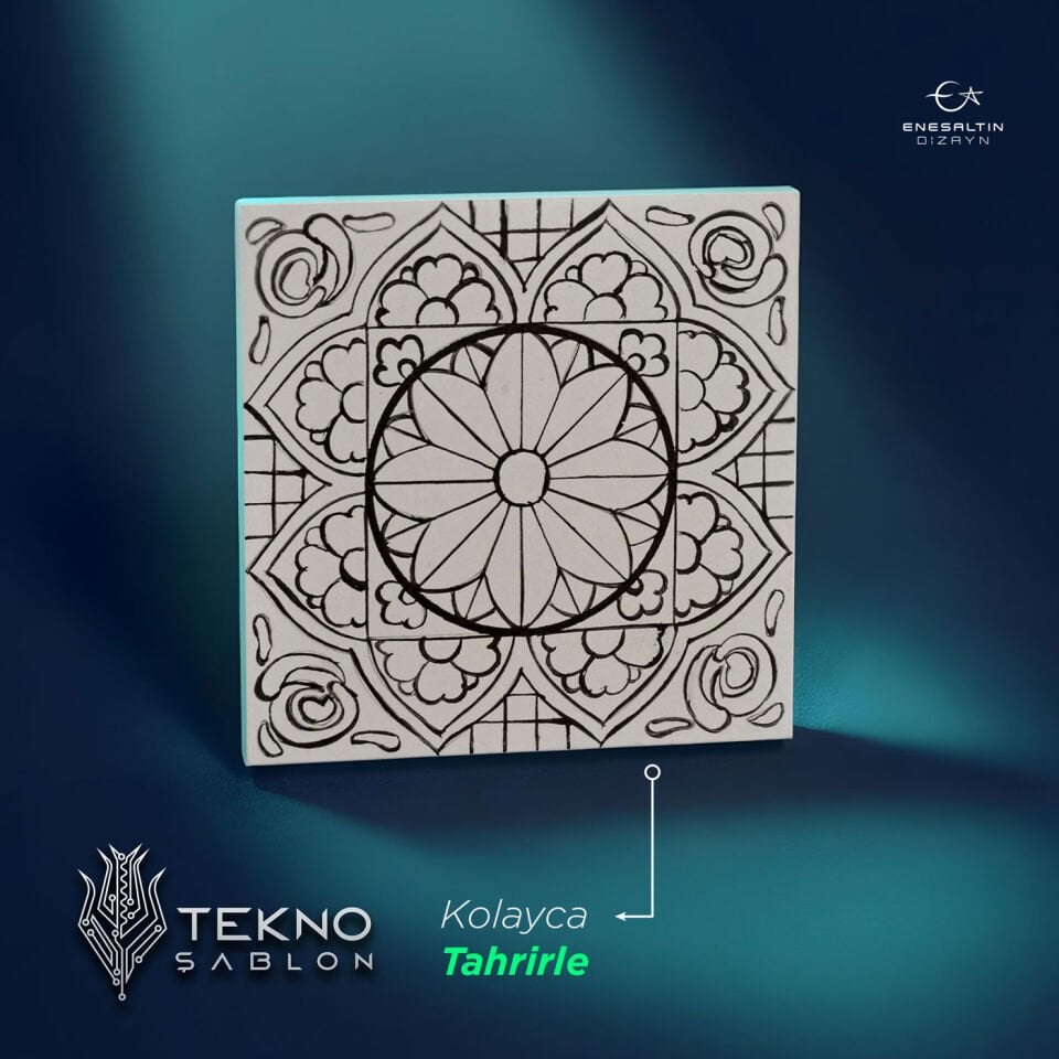 Tekno Şablon Desen 10 x 10 cm. - Sicilya Tarzı Barok Yıldız Penç Çini Karo Deseni