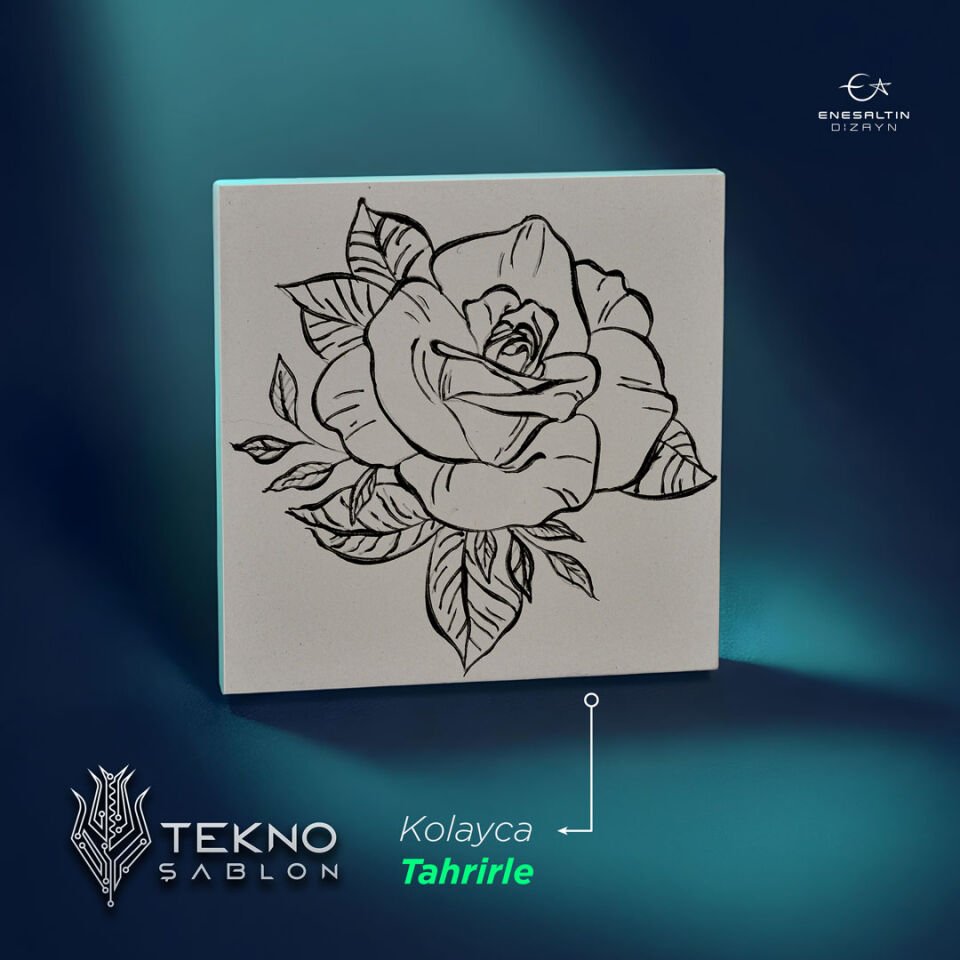 Tekno Şablon Desen 10 x 10 cm. - Çiçekler Serisi Gül Motifli Çini Karo Deseni