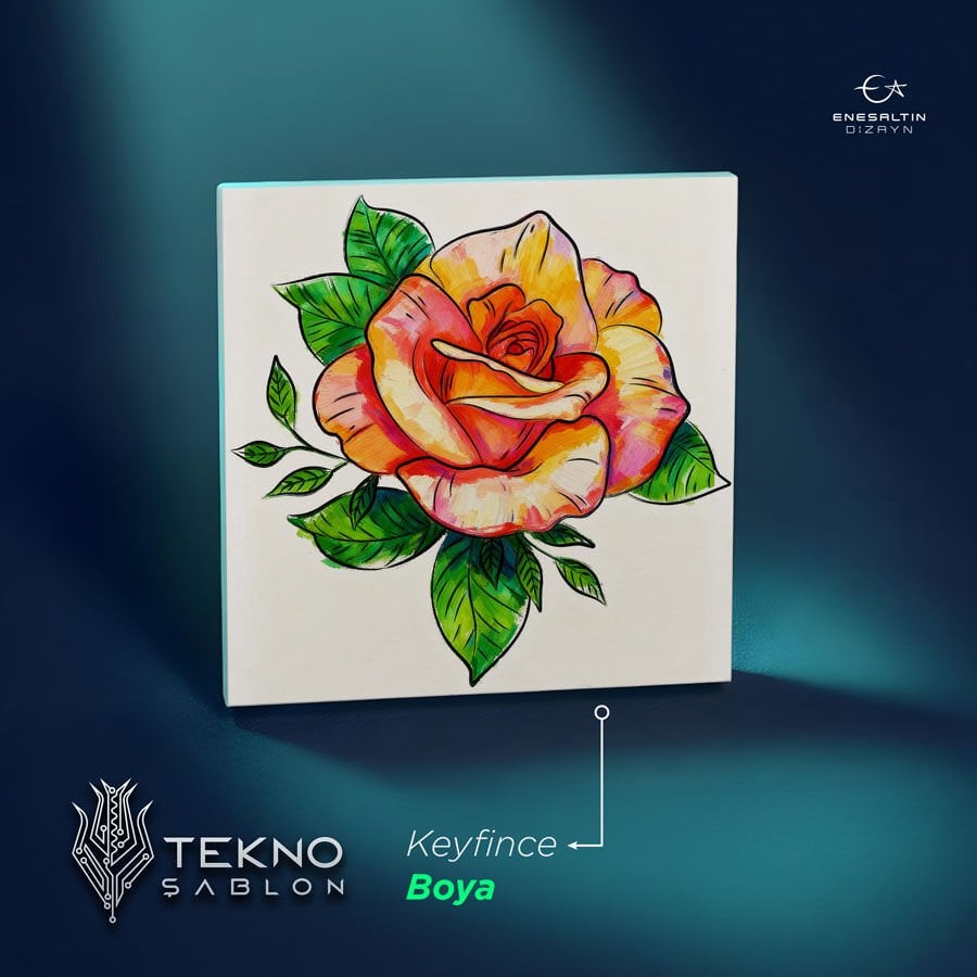 Tekno Şablon Desen 10 x 10 cm. - Çiçekler Serisi Gül Motifli Çini Karo Deseni