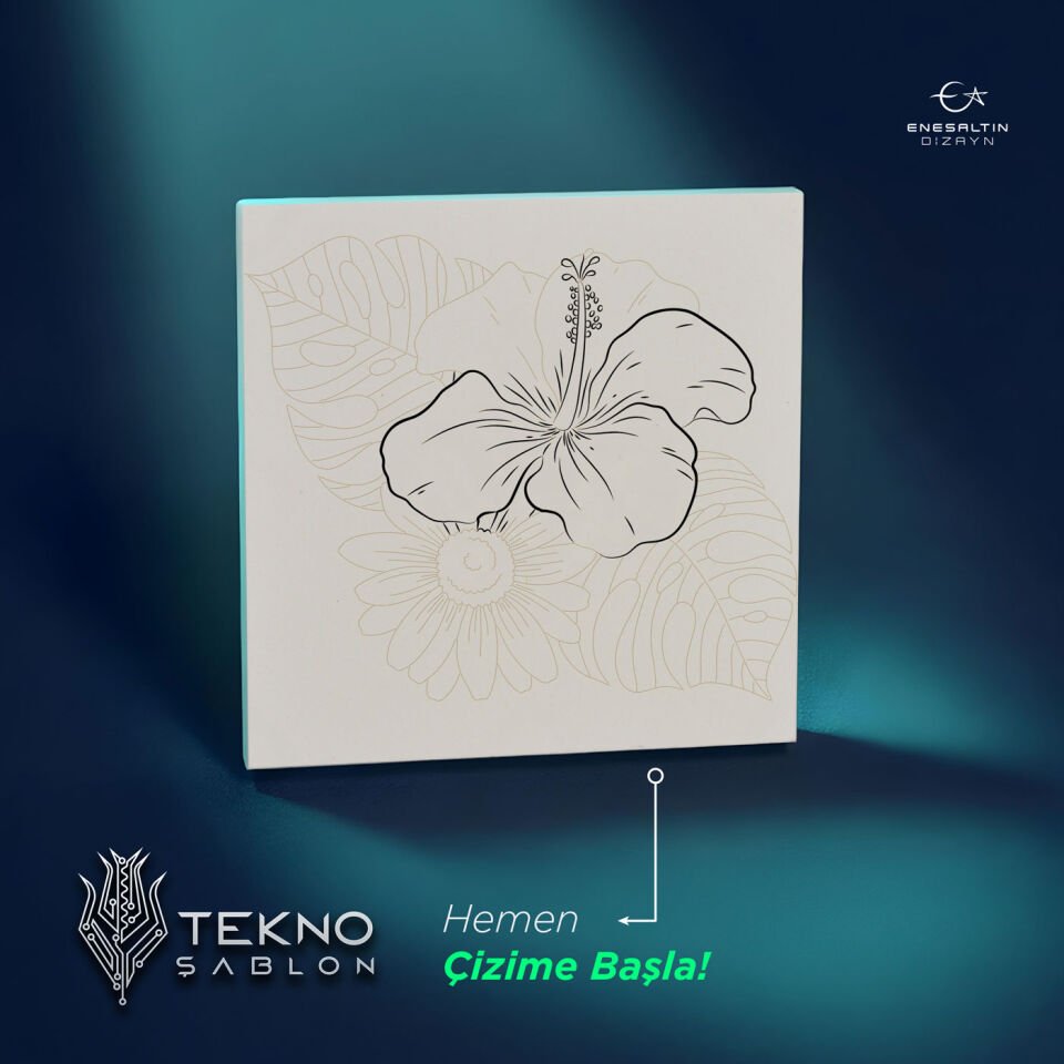 Tekno Şablon Desen 10 x 10 cm. - Çiçekler Serisi Hatmi Motifli Çini Karo Deseni