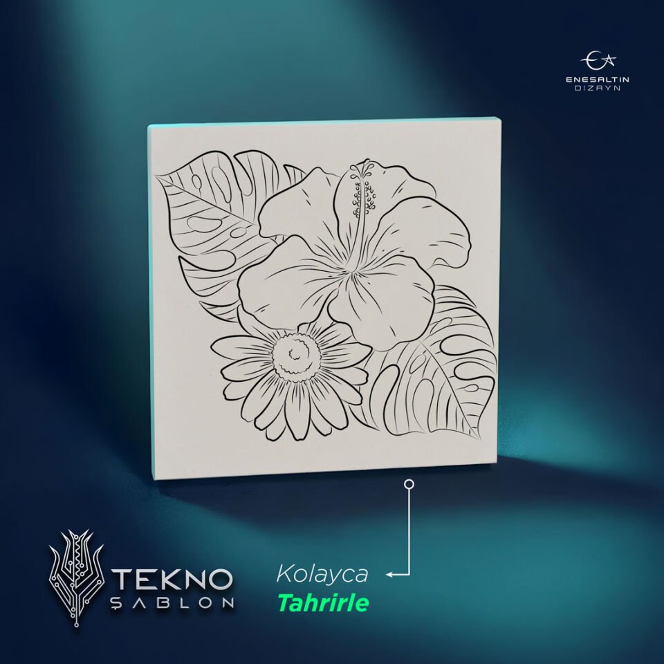 Tekno Şablon Desen 10 x 10 cm. - Çiçekler Serisi Hatmi Motifli Çini Karo Deseni