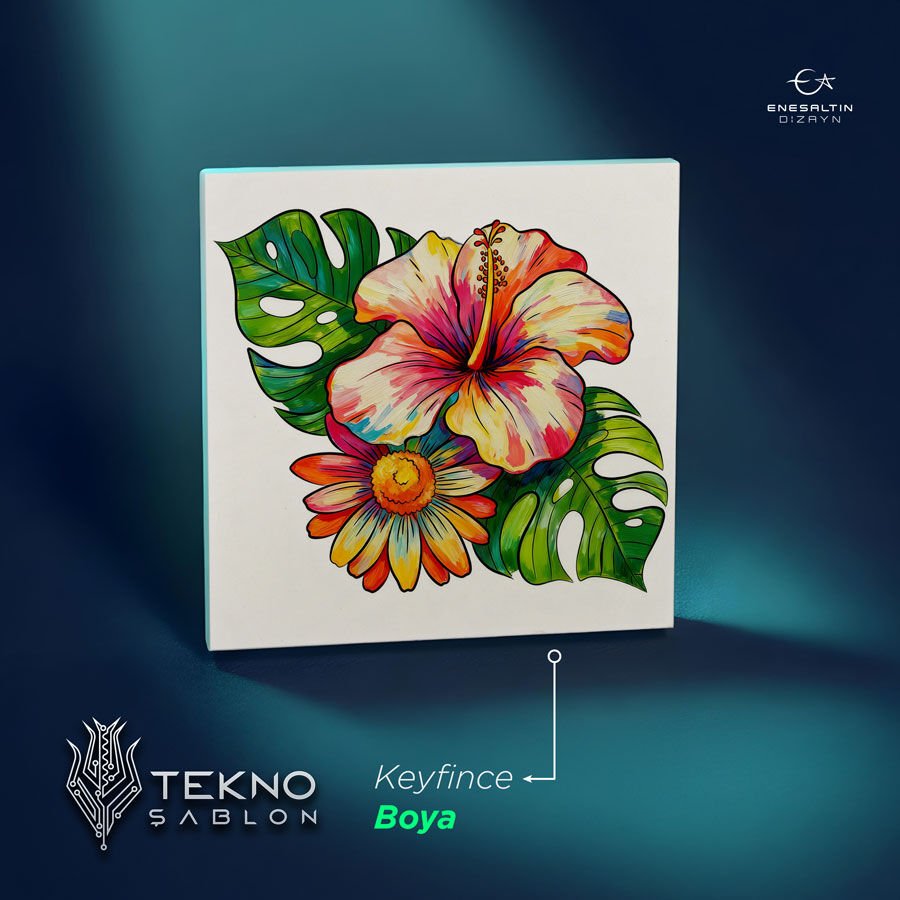 Tekno Şablon Desen 10 x 10 cm. - Çiçekler Serisi Hatmi Motifli Çini Karo Deseni