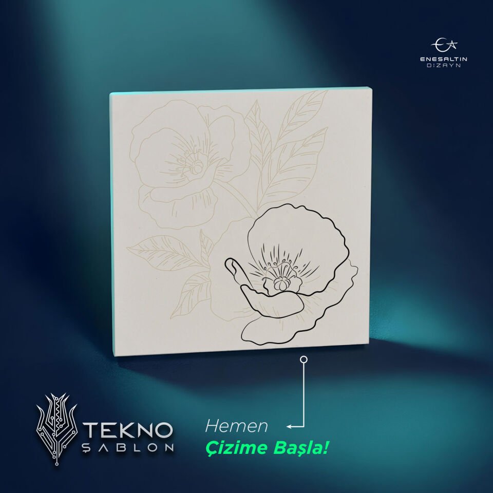Tekno Şablon Desen 10 x 10 cm. - Çiçekler Serisi Gelincik Motifli Çini Karo Deseni