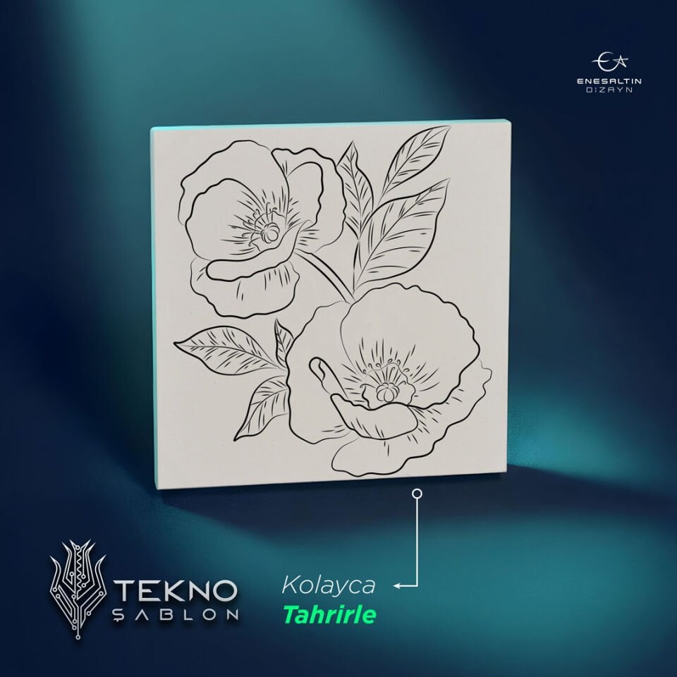 Tekno Şablon Desen 10 x 10 cm. - Çiçekler Serisi Gelincik Motifli Çini Karo Deseni