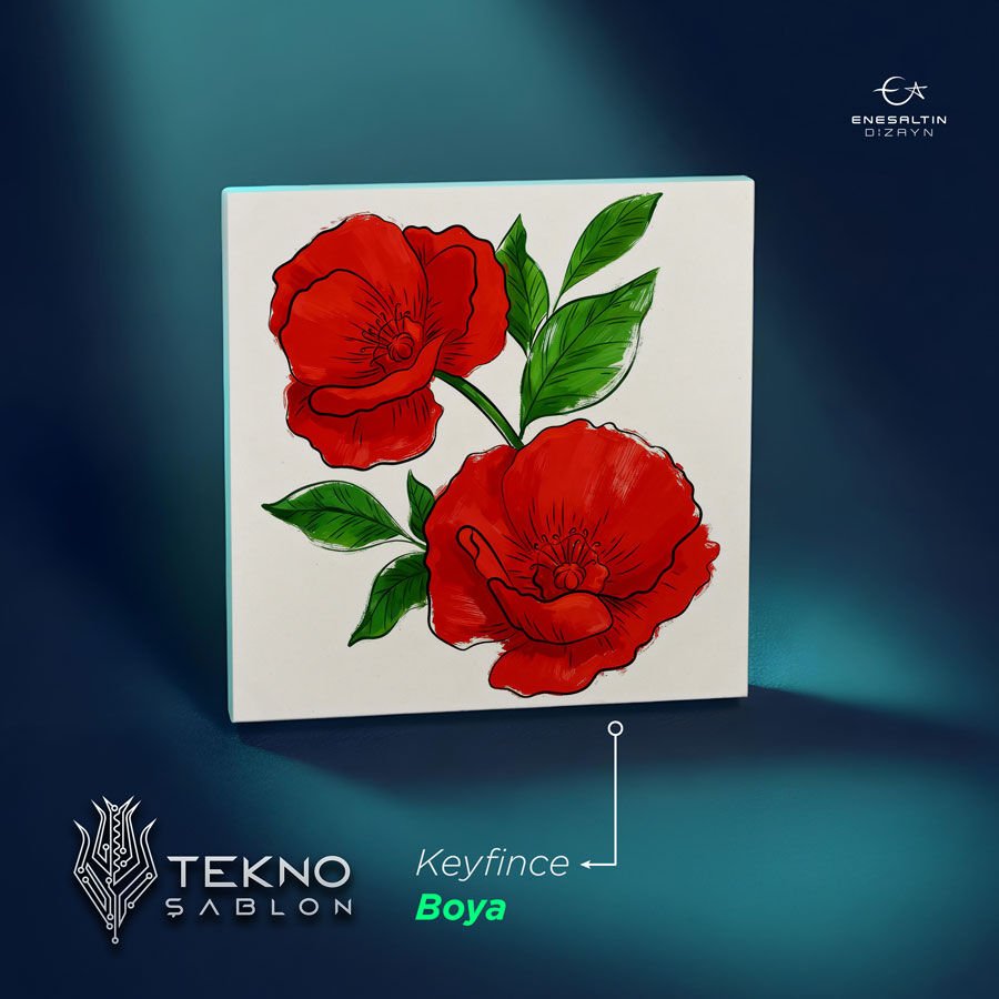 Tekno Şablon Desen 10 x 10 cm. - Çiçekler Serisi Gelincik Motifli Çini Karo Deseni