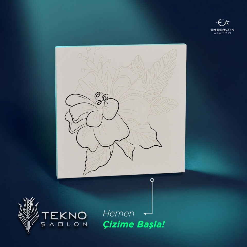 Tekno Şablon Desen 10 x 10 cm. - Çiçekler Serisi Kadife Çiçeği Motifli Çini Karo Deseni