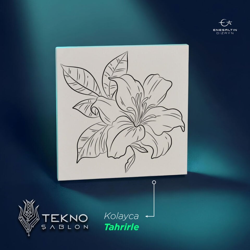 Tekno Şablon Desen 10 x 10 cm. - Çiçekler Serisi Zambak Motifli Çini Karo Deseni