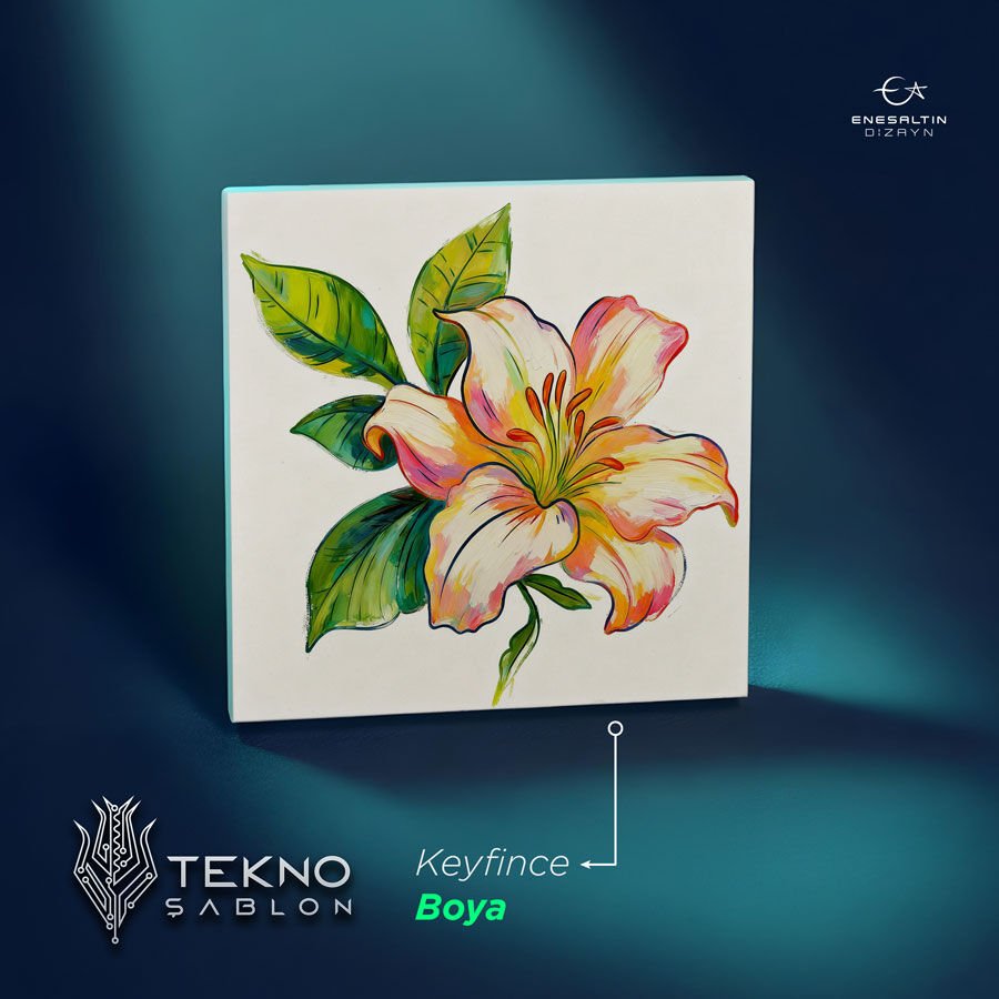 Tekno Şablon Desen 10 x 10 cm. - Çiçekler Serisi Zambak Motifli Çini Karo Deseni
