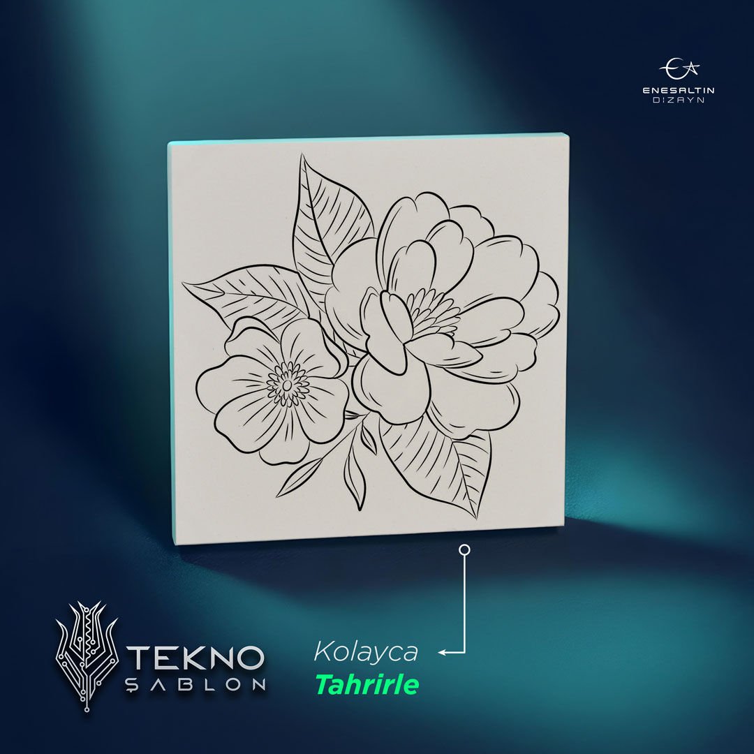 Tekno Şablon Desen 10 x 10 cm. - Çiçekler Serisi Kamelya Motifli Çini Karo Deseni
