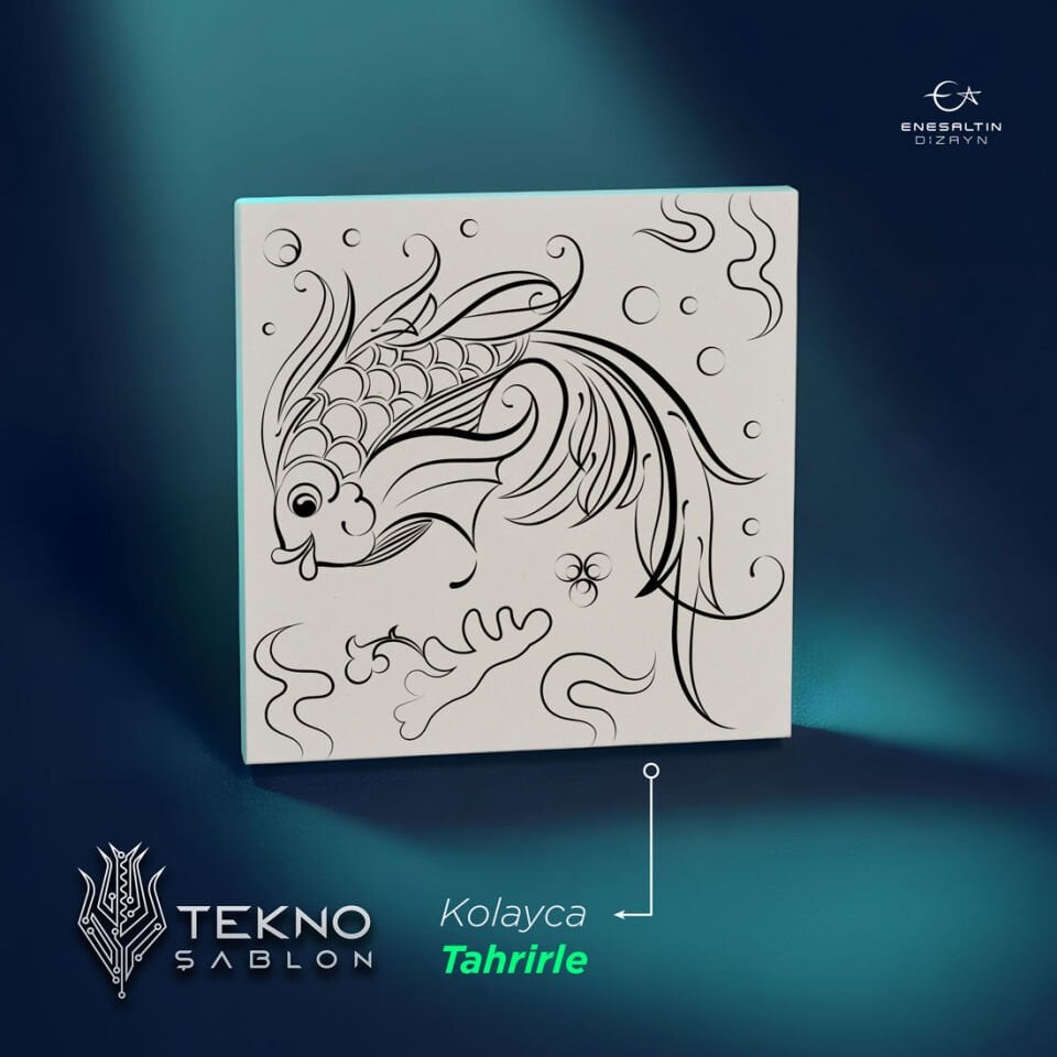 Tekno Şablon Desen 10 x 10 cm. - Tekli Beta Balık Motifli Çini Karo Deseni
