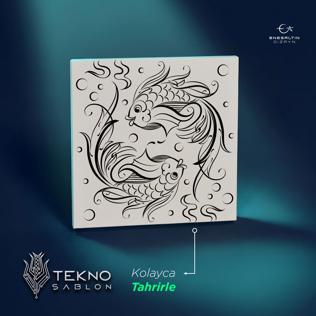 Tekno Şablon Desen 10 x 10 cm. - Çift Beta Balık Motifli Çini Karo Deseni
