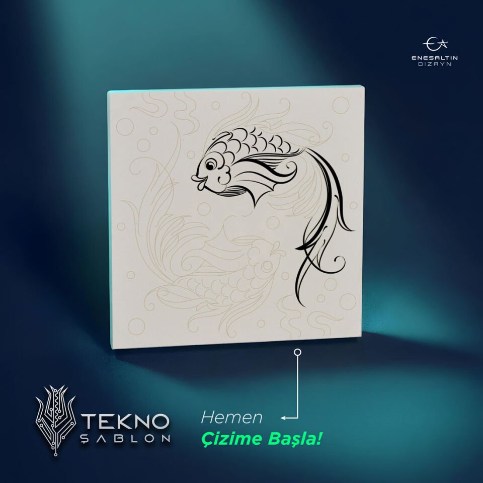 Tekno Şablon Desen 10 x 10 cm. - Çift Beta Balık Motifli Çini Karo Deseni