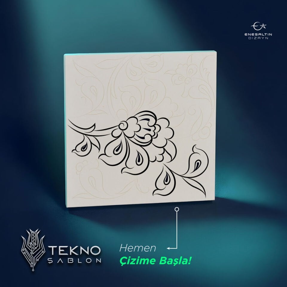 Tekno Şablon Desen 10 x 10 cm. - Lotus Motifli Köşe Çini Karo Deseni