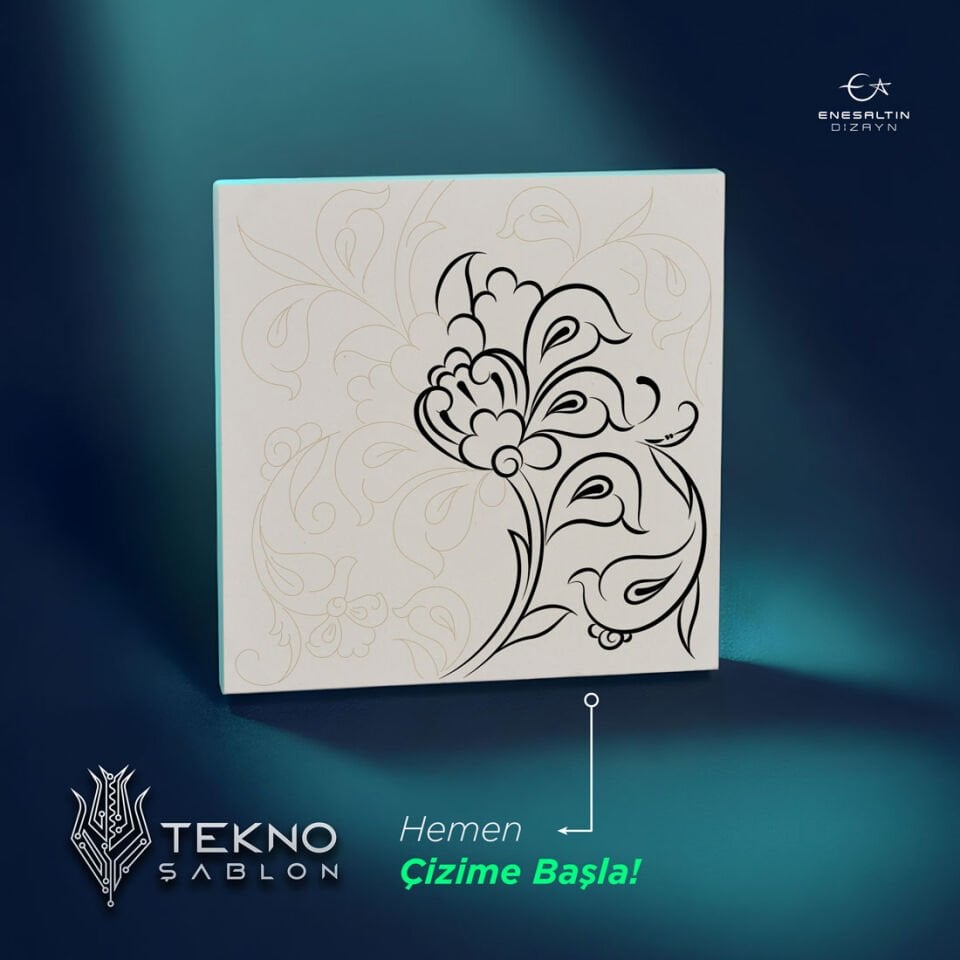 Tekno Şablon Desen 10 x 10 cm. - Lotus Motifli Birim Tekrar Çini Karo Deseni