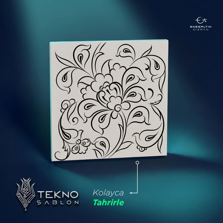 Tekno Şablon Desen 10 x 10 cm. - Lotus Motifli Birim Tekrar Çini Karo Deseni