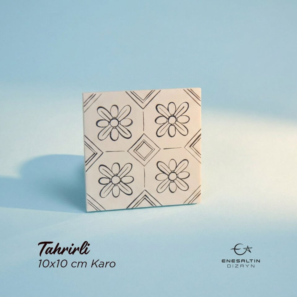 Tahrirli Ürün - Sicilya Tarzı Geometrik Papatya 10 x 10 cm. Tahrirli Çini Karo