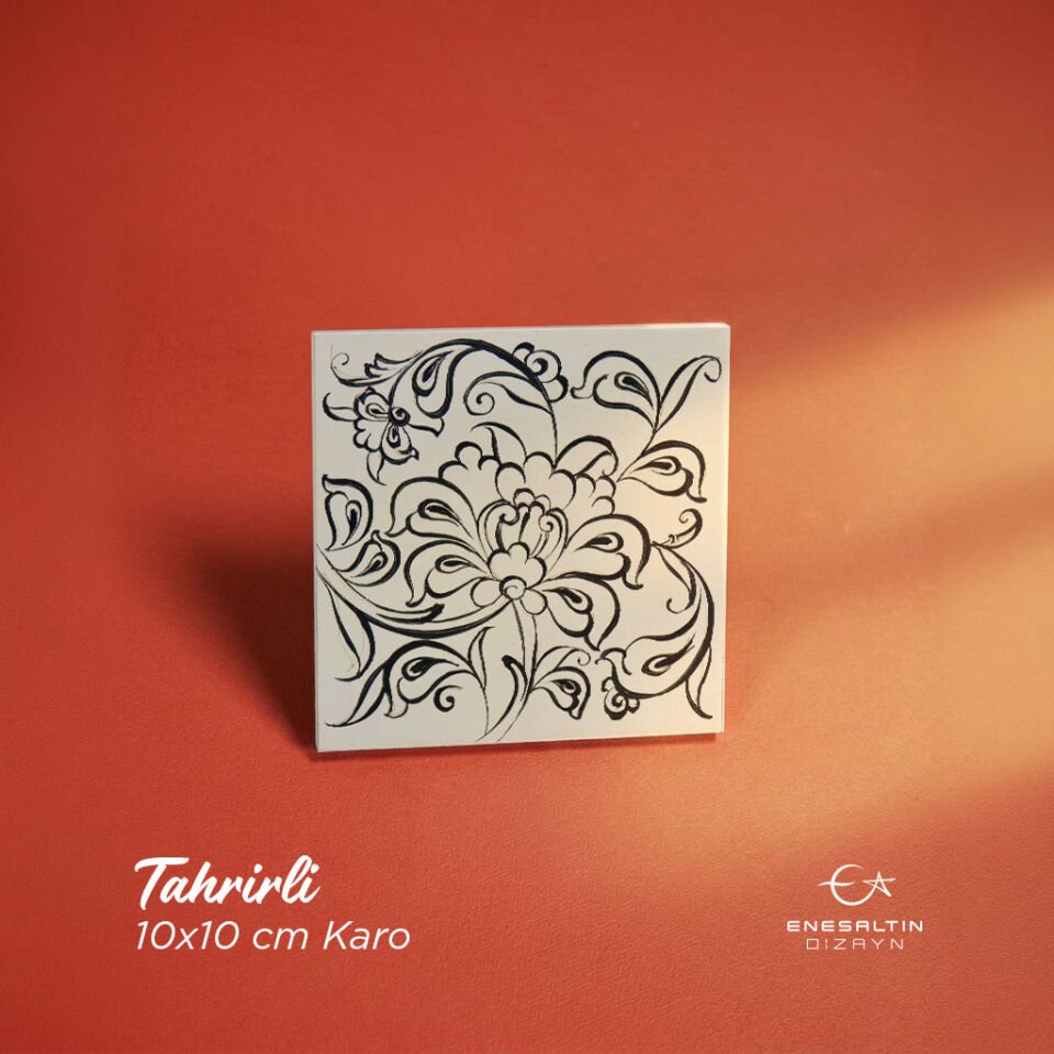 Tahrirli Ürün - Lotus Motifli KÖŞE 10 x 10 cm. Tahrirli Çini Karo