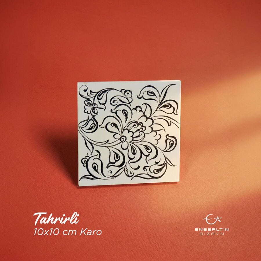 Tahrirli Ürün - Lotus Motifli 10 x 10 cm. Tahrirli Çini Karo