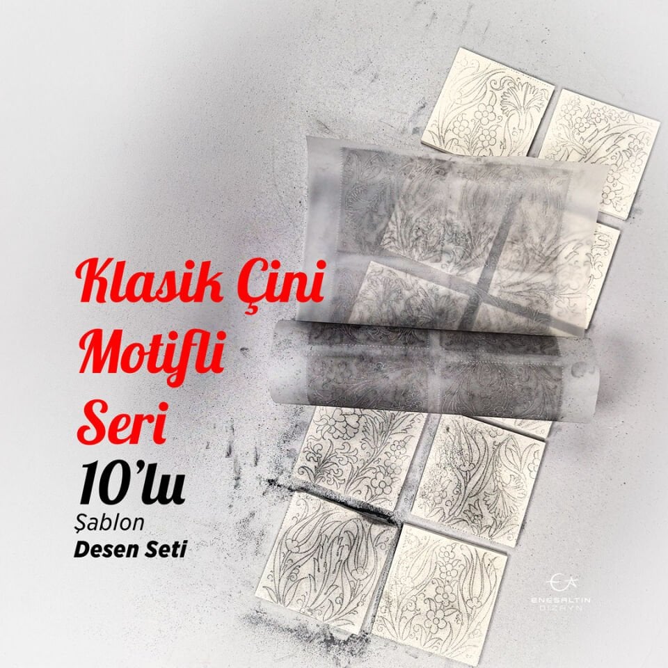 10'lu Şablon Desen Seti - Klasik Çini Motifli Serisi Çini Karo Deseni - 10 x 10 cm.