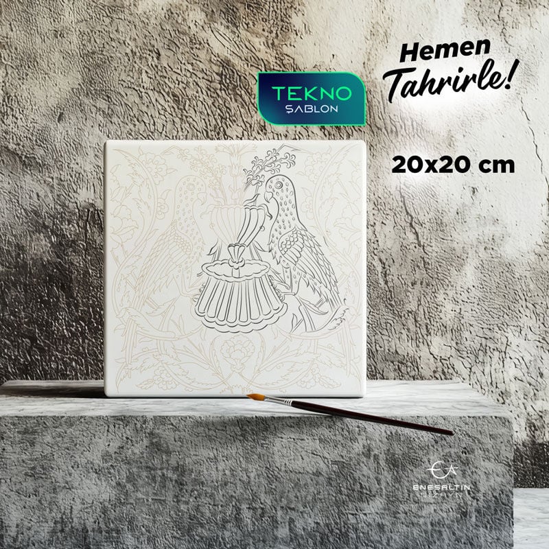 Tekno Şablon 20 x 20 cm. -   Klasik İznik Çeşmeli Çifte Güvercin Çini Karo Deseni