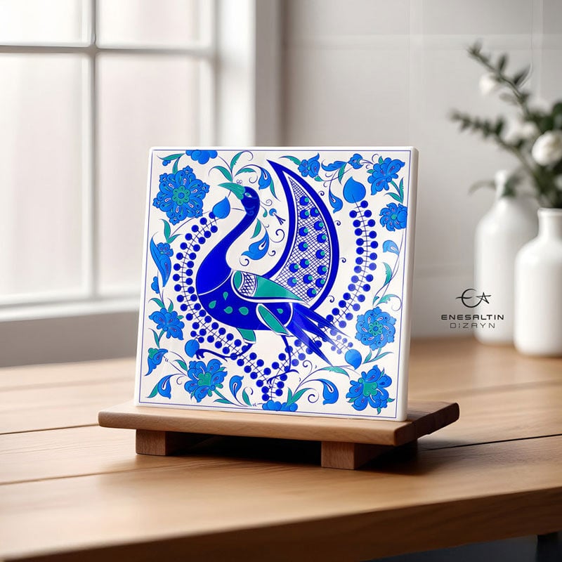 Tekno Şablon 20 x 20 cm. -   Selçuklu Tavus Kuşu Serbest Lotus Motifli Çini Karo Deseni