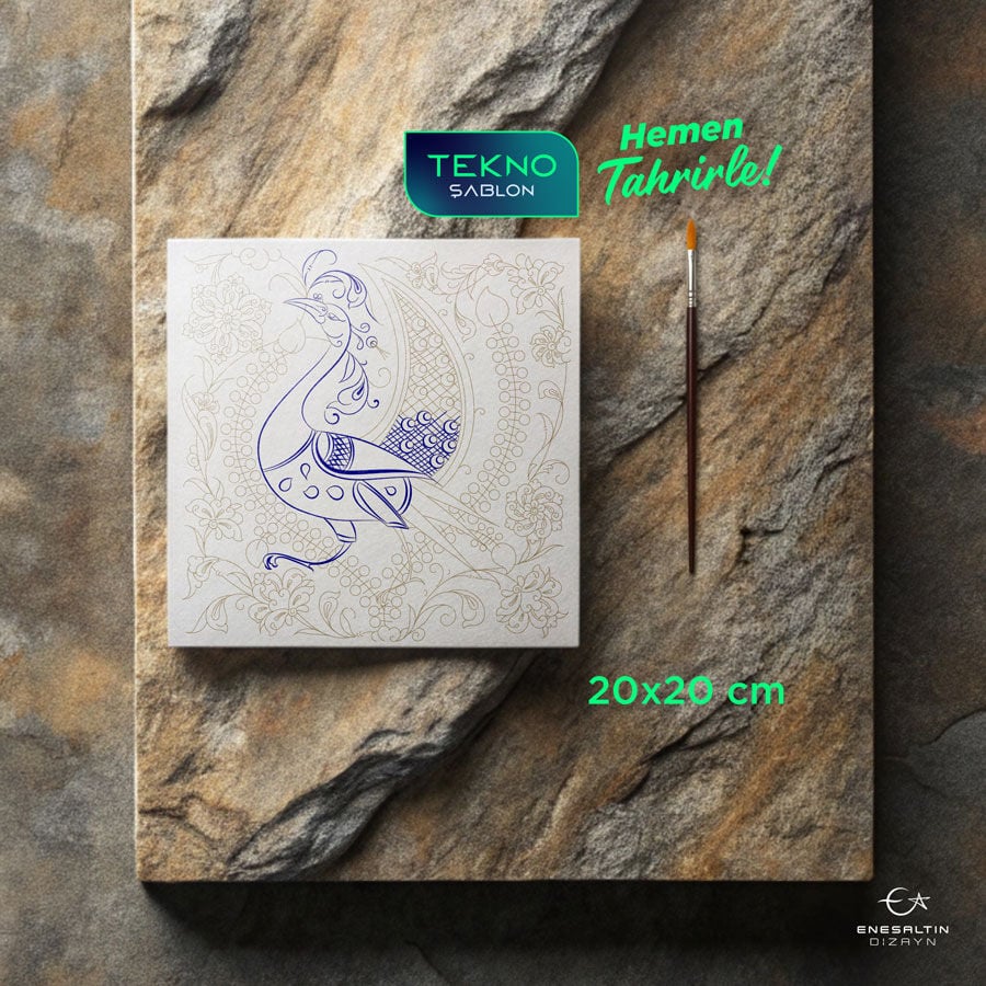 Tekno Şablon 20 x 20 cm. -   Selçuklu Tavus Kuşu Serbest Lotus Motifli Çini Karo Deseni