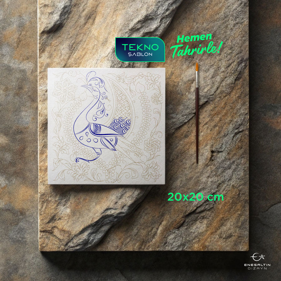Tekno Şablon 20 x 20 cm. -   Selçuklu Tavus Kuşu Serbest Lotus Motifli Çini Karo Deseni