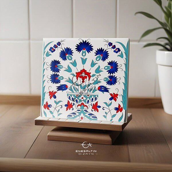Tahrirli Ürün - 20 x 20 cm. Karanfil Vazo Çini Karo Desenli Tahrirli Karo