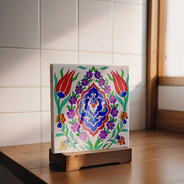 Tahrirli Ürün - 20 x 20 cm. Rumi Madalyon Simetrik Motif Çini Karo Desenli Tahrirli Karo