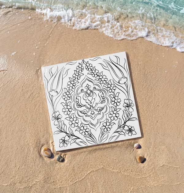 Tahrirli Ürün - 20 x 20 cm. Rumi Madalyon Simetrik Motif Çini Karo Desenli Tahrirli Karo