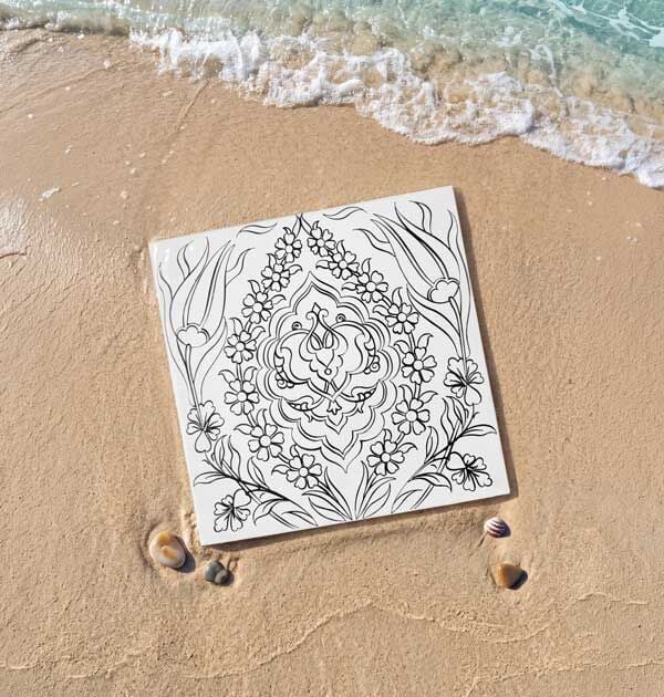 Tahrirli Ürün - 20 x 20 cm. Rumi Madalyon Simetrik Motif Çini Karo Desenli Tahrirli Karo
